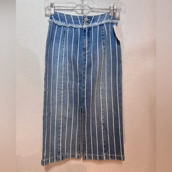 🎩🗝️ NWT $128 Wash Lab Denim SALLY Classic Strips Midi Skirt - 24”