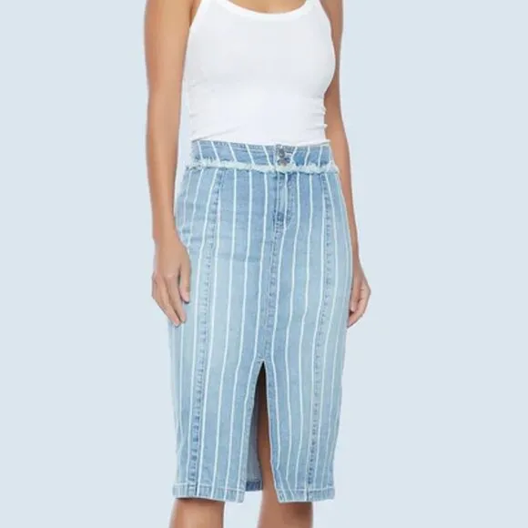 🎩🗝️ NWT $128 Wash Lab Denim SALLY Classic Strips Midi Skirt - 24”
