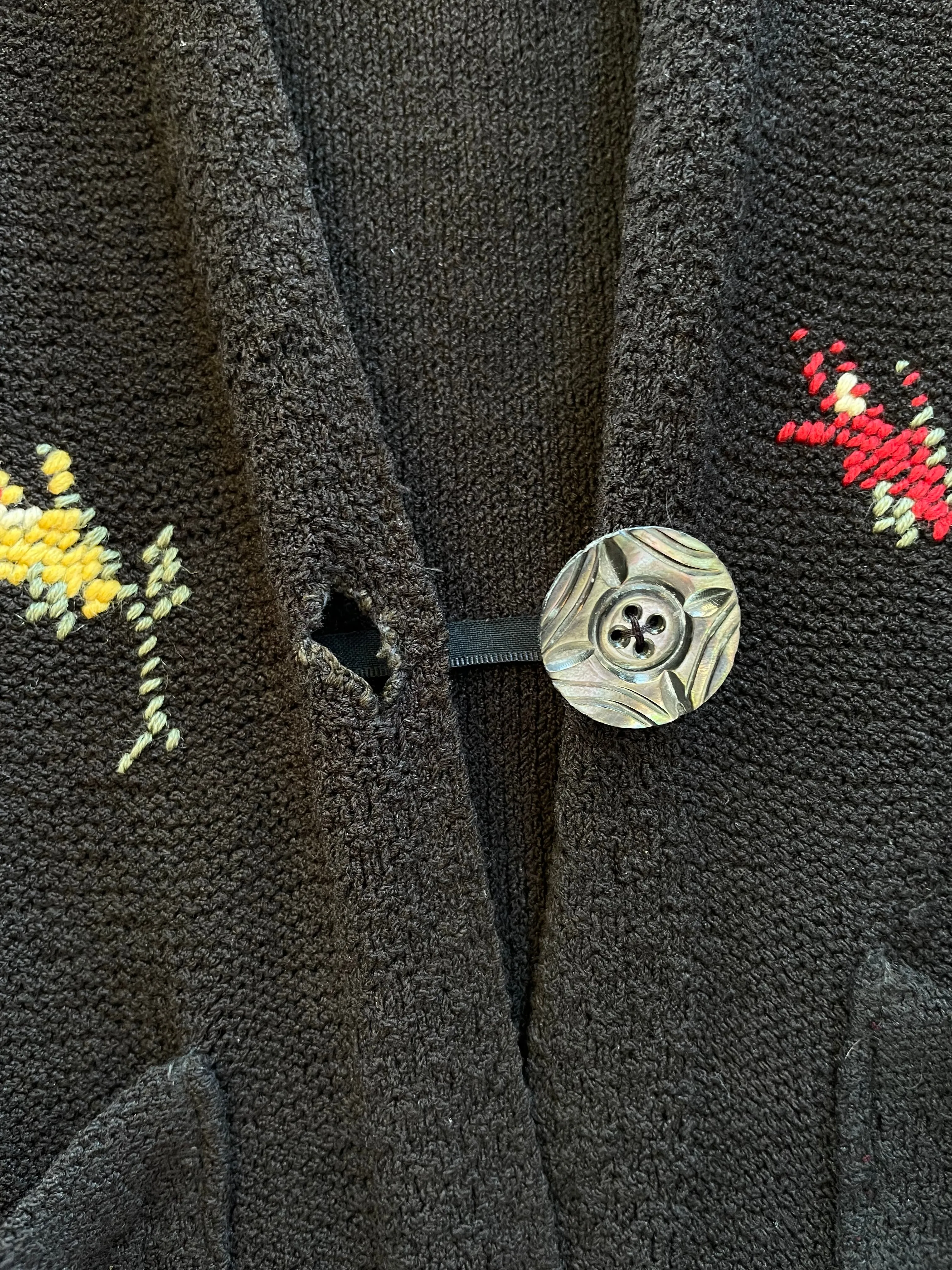 1920s Belgian Cotton Knit Hand Embroidered Floral Pocket Cardigan