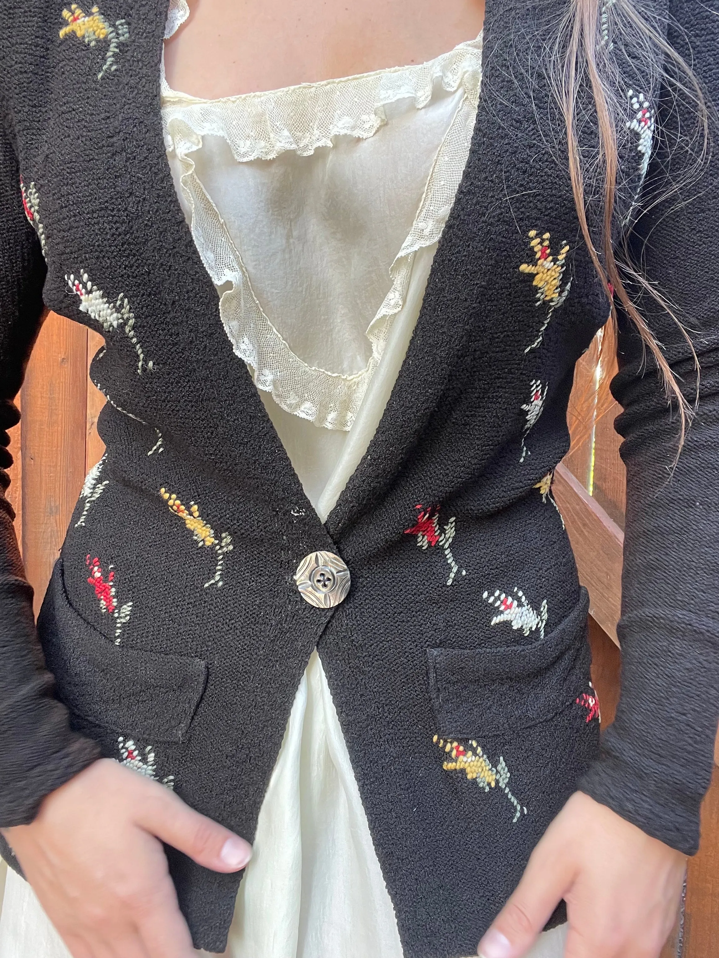 1920s Belgian Cotton Knit Hand Embroidered Floral Pocket Cardigan