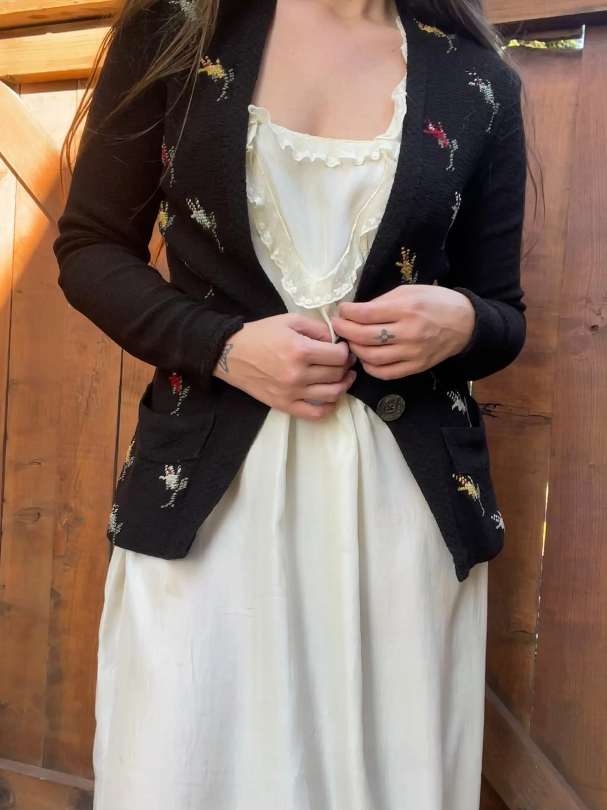 1920s Belgian Cotton Knit Hand Embroidered Floral Pocket Cardigan