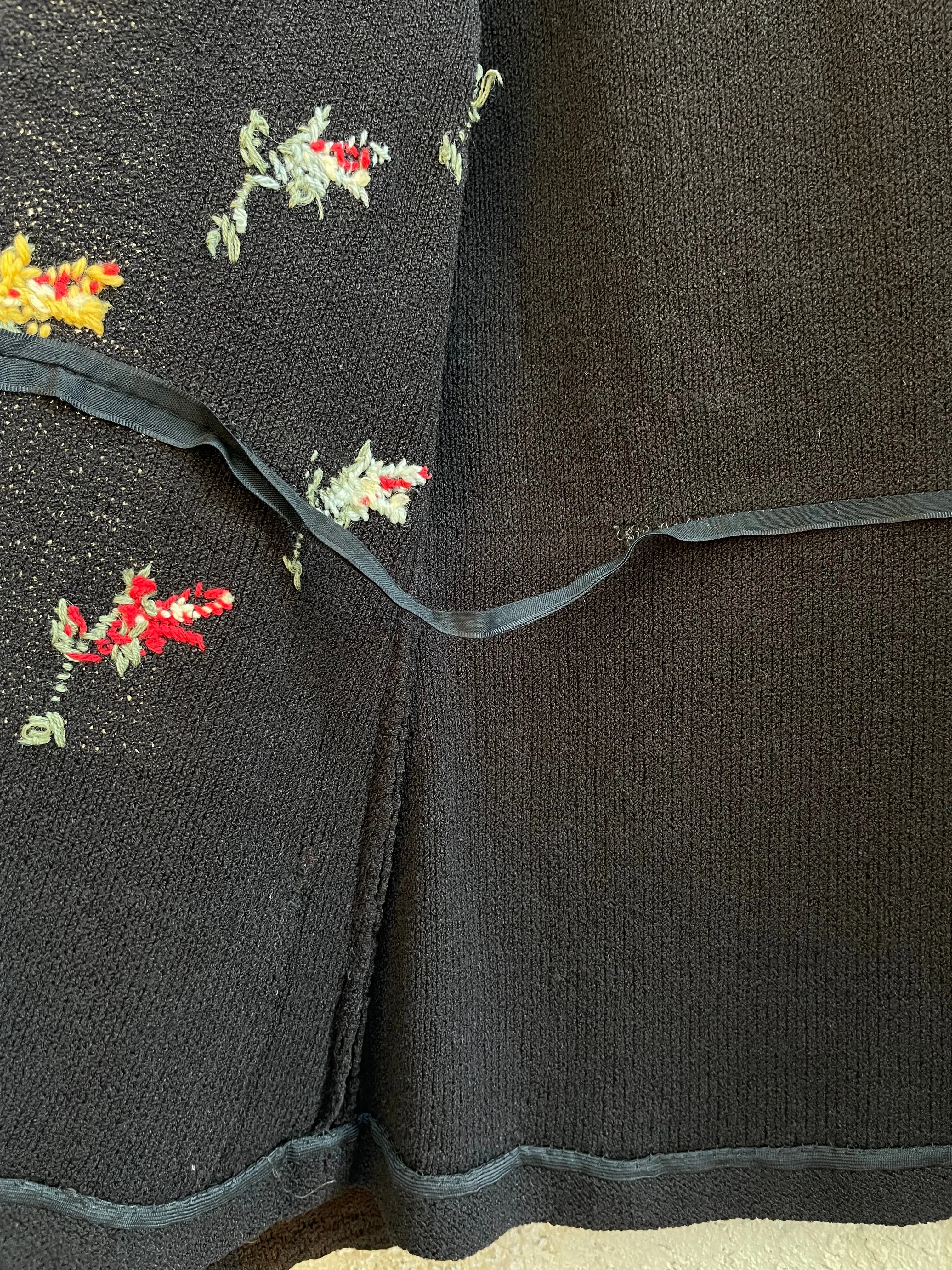 1920s Belgian Cotton Knit Hand Embroidered Floral Pocket Cardigan