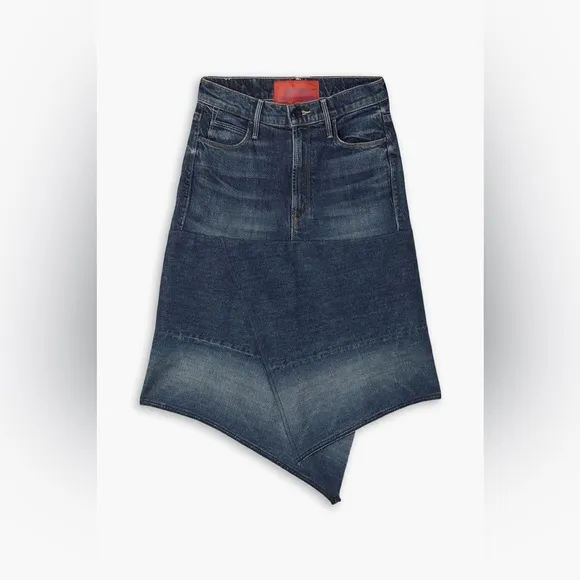$285 MOTHER   Carolyn Murphy The Knee Step distressed patchwork‎ denim skirt