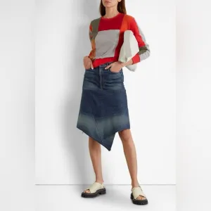 $285 MOTHER   Carolyn Murphy The Knee Step distressed patchwork‎ denim skirt