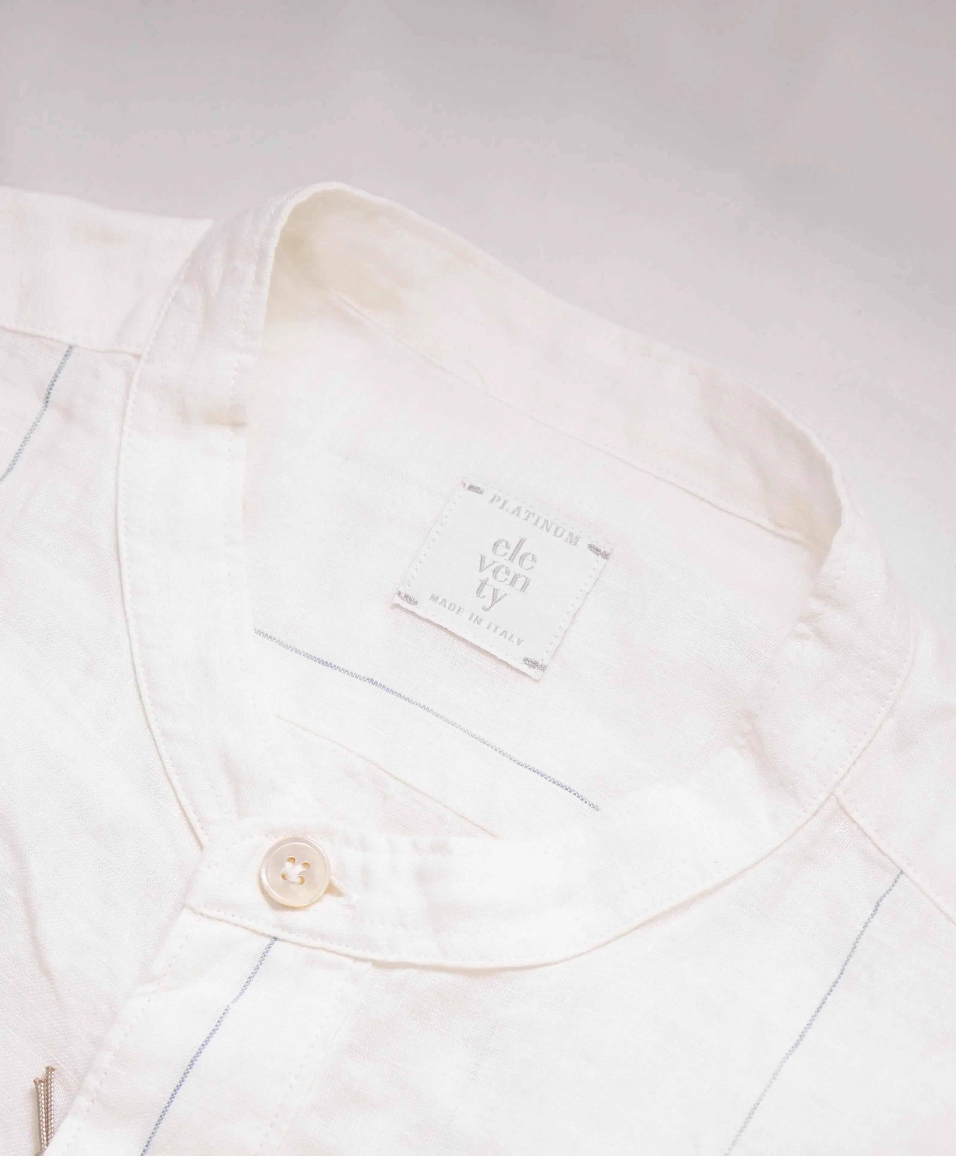 $395 ELEVENTY - PURE LINEN Ivory/Blue Collarless Button Dress Shirt - XL (42)