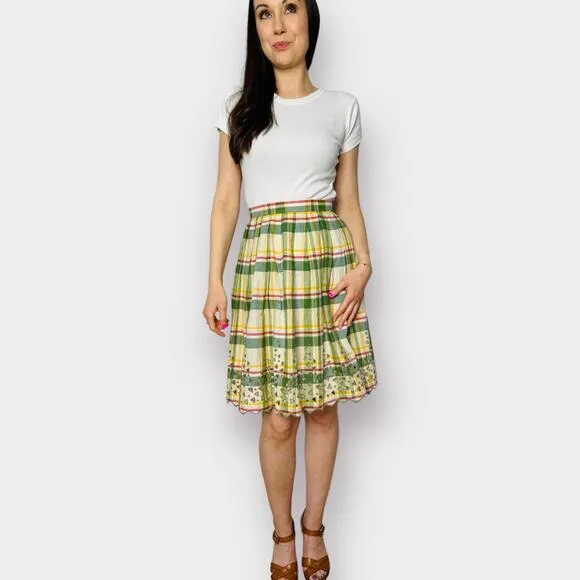 70s‎ Green Yellow Plaid Skirt with Cut-Out Edges