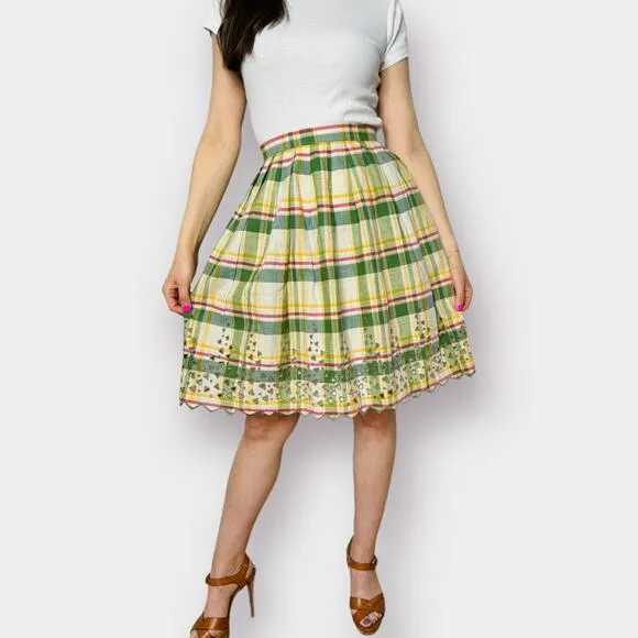 70s‎ Green Yellow Plaid Skirt with Cut-Out Edges