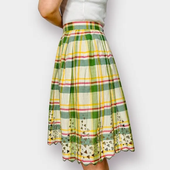 70s‎ Green Yellow Plaid Skirt with Cut-Out Edges