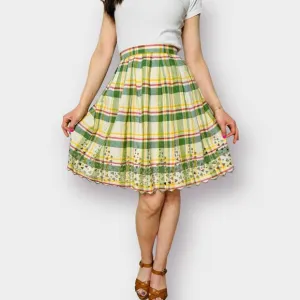 70s‎ Green Yellow Plaid Skirt with Cut-Out Edges