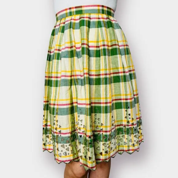 70s‎ Green Yellow Plaid Skirt with Cut-Out Edges
