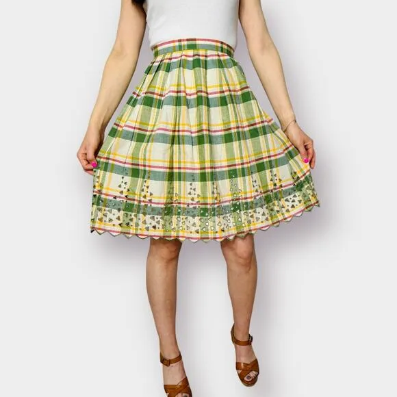 70s‎ Green Yellow Plaid Skirt with Cut-Out Edges