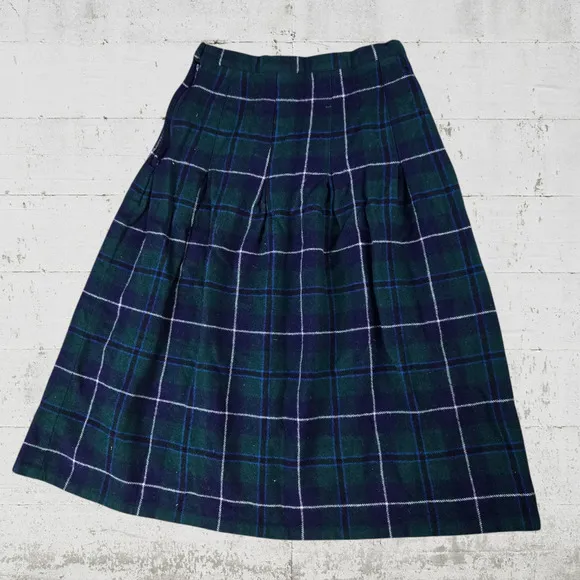 90s Vintage Green Blue Tartan Plaid Wool USA Made High Rise Midi Skirt Size 8