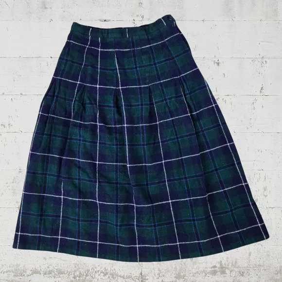 90s Vintage Green Blue Tartan Plaid Wool USA Made High Rise Midi Skirt Size 8