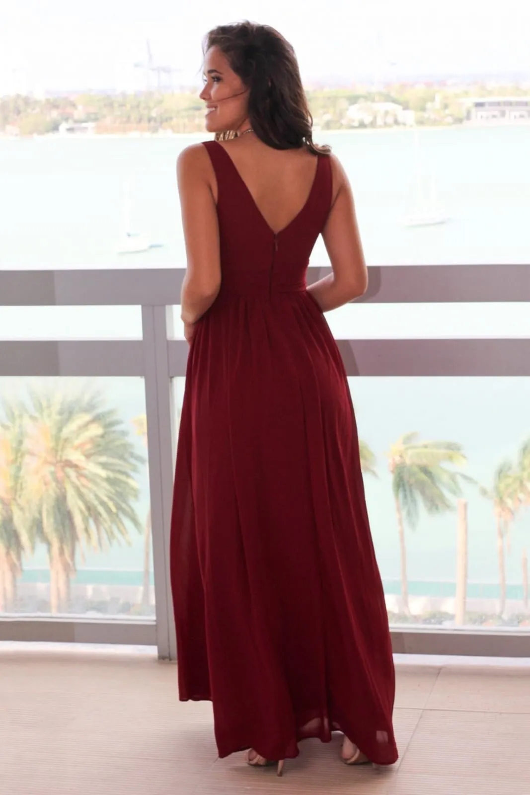 A-line Burgundy Chiffon V Neck V Back Wedding Prom Evening Party Dress