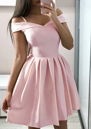 A-line Off Shoulder V-neck Pink Satin Short Mini Homecoming Dress
