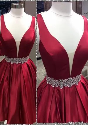 A-line Plunging Sleeveless Burgundy Satin Short Mini Homecoming Dress, Beaded