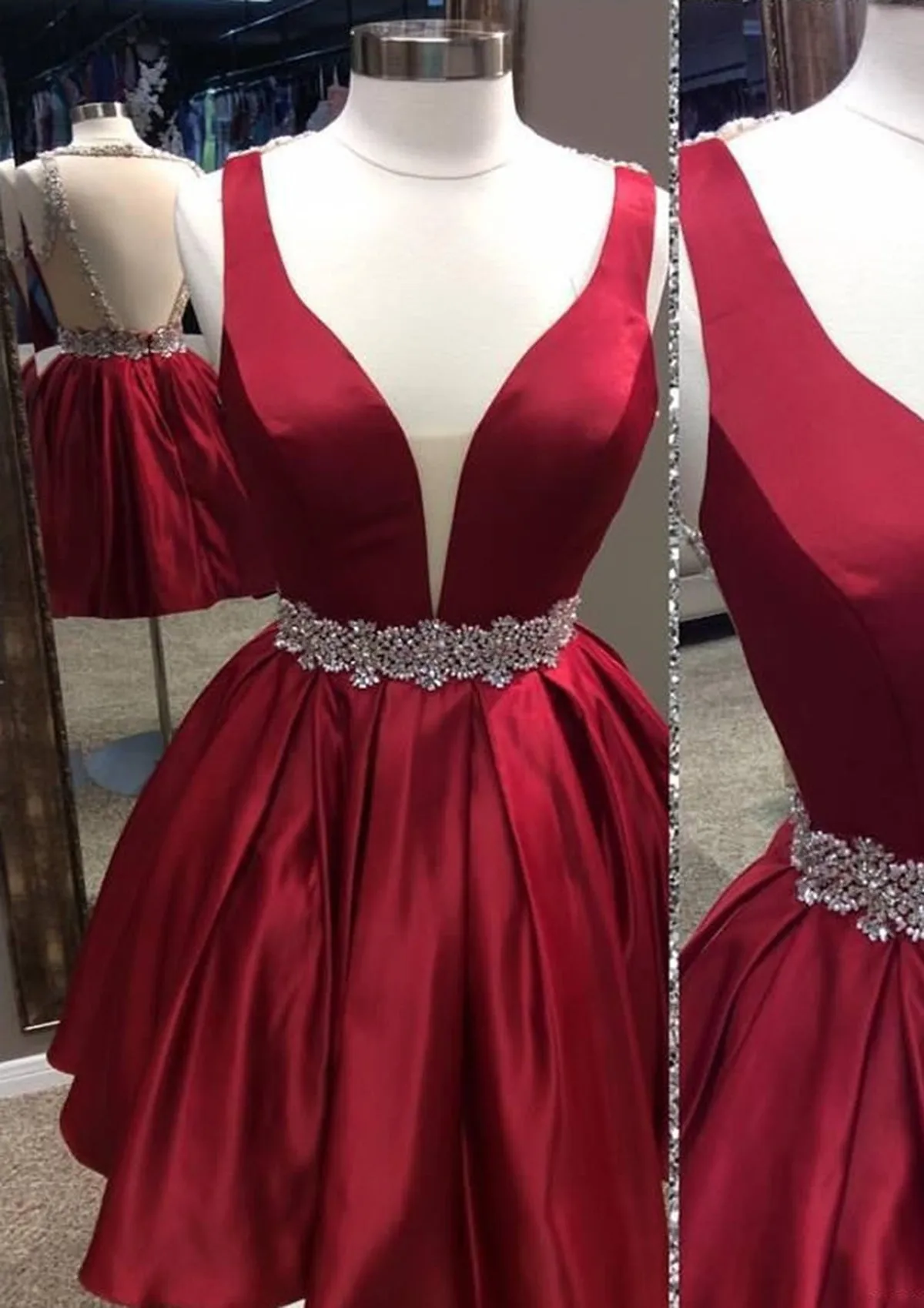 A-line Plunging Sleeveless Burgundy Satin Short Mini Homecoming Dress, Beaded