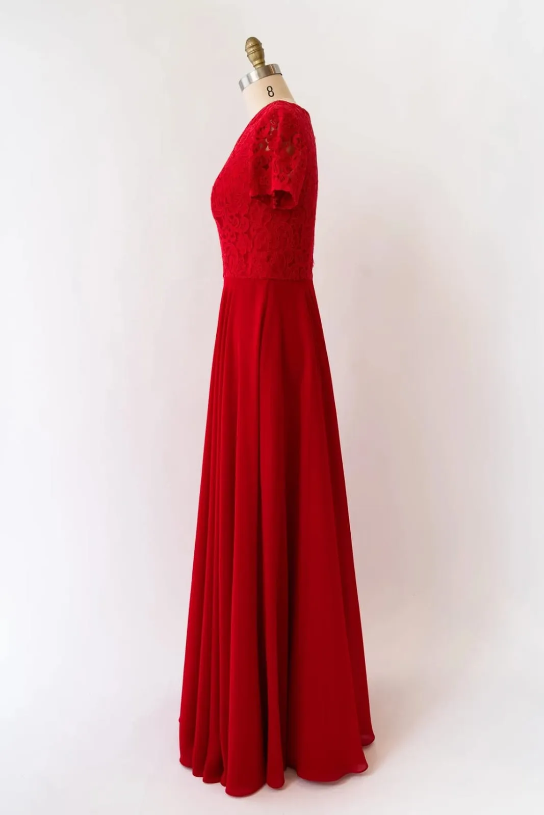 A-line Scoop Neck Short Sleeve Long Chiffon Lace Bridesmaid Dress