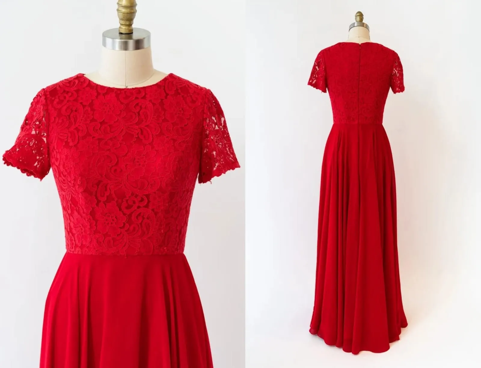A-line Scoop Neck Short Sleeve Long Chiffon Lace Bridesmaid Dress