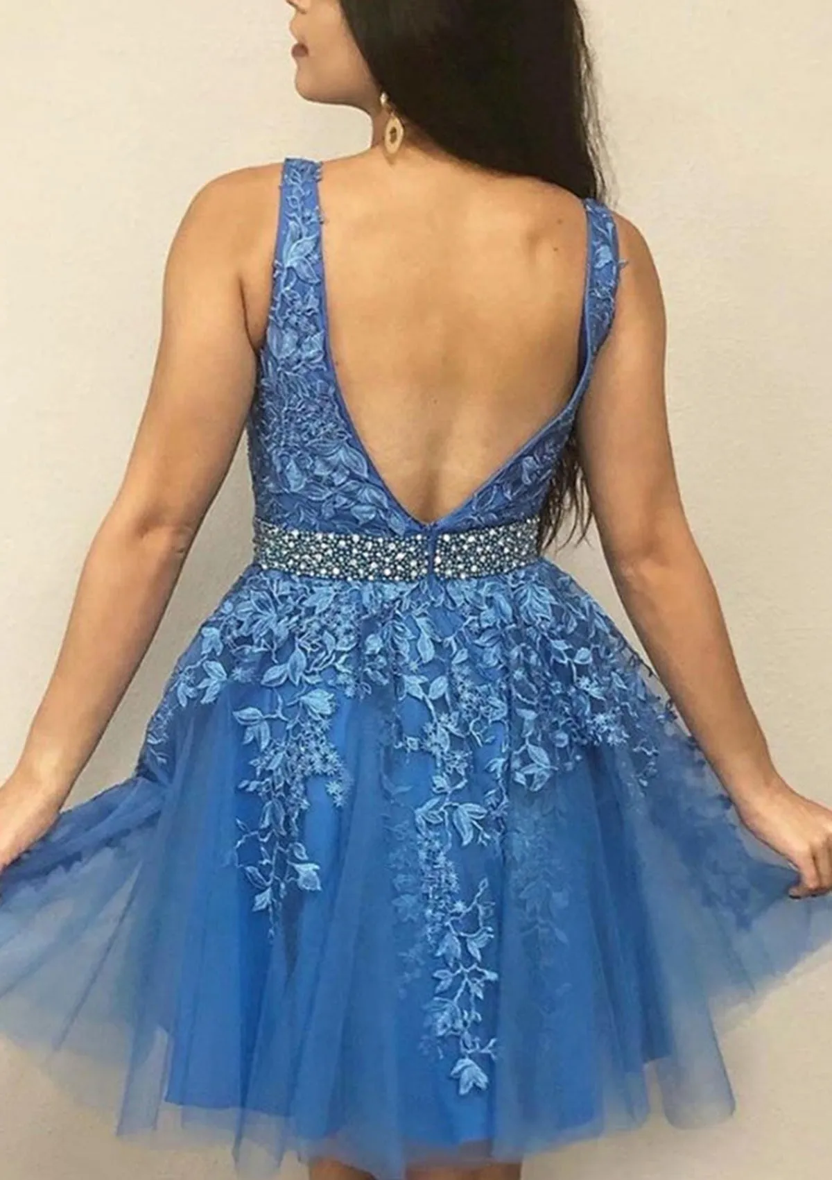 A-line V Neck Sleeveless Tulle Short Mini Homecoming Dress, Beading Lace