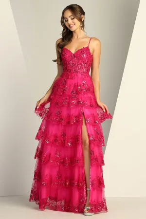 AD 3217 - Sequin Embellished Layered Ruffle A-Line Prom Gown with Sheer Boned Bodice Open Lace Up Corset Back & Leg Slit