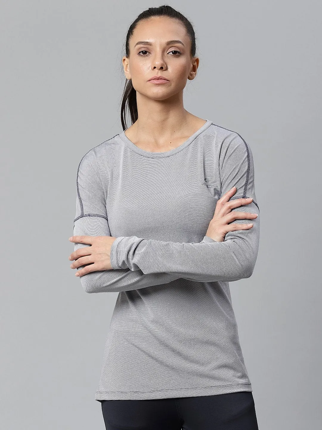 Alcis Women Navy Blue White Striped Round Neck T-shirt