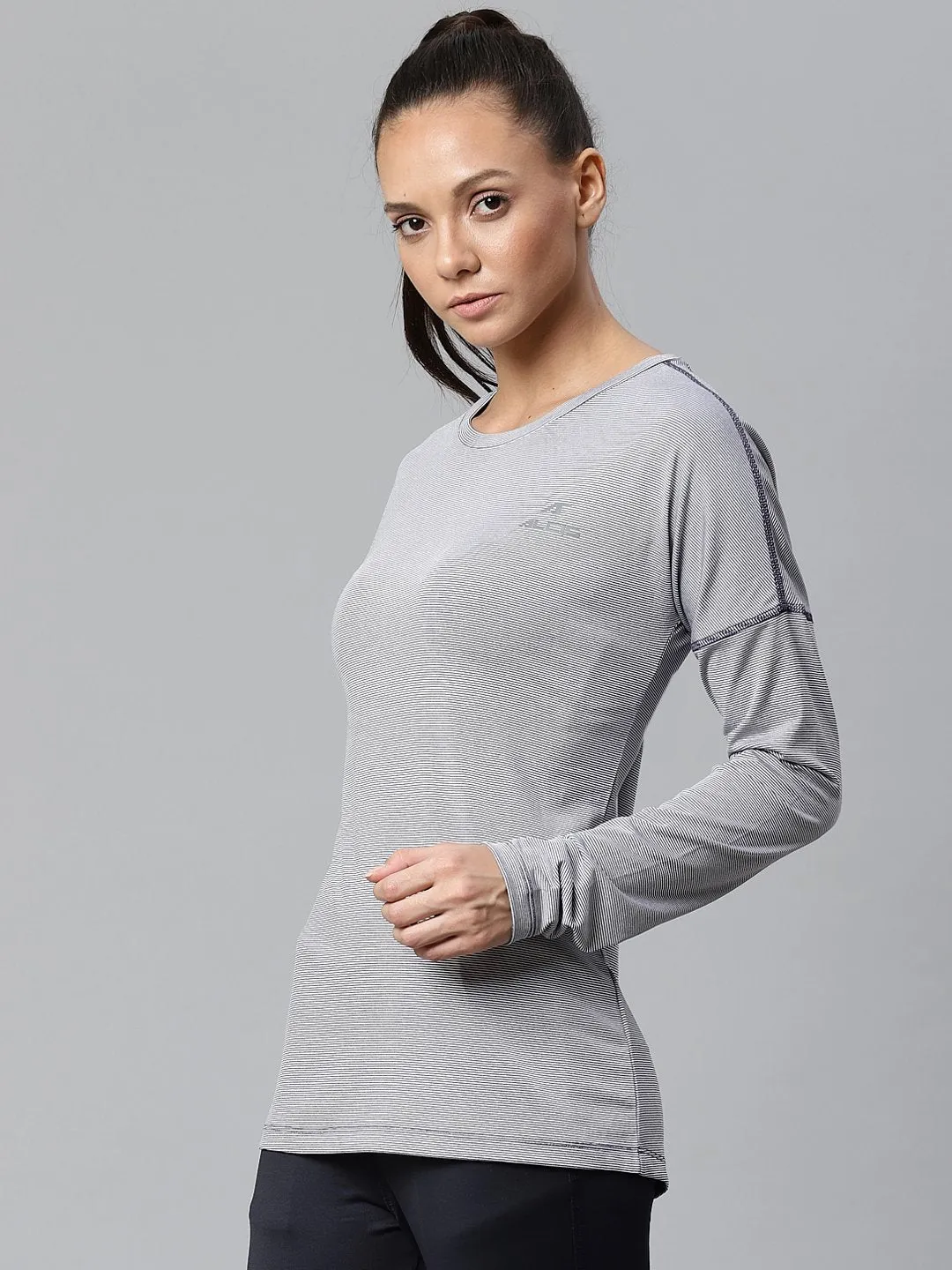 Alcis Women Navy Blue White Striped Round Neck T-shirt