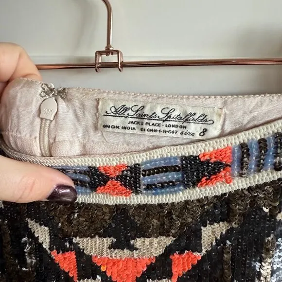 All Saints Spitalfields 2011 Aztec Sequin Embellished Mini Skirt size UK 8