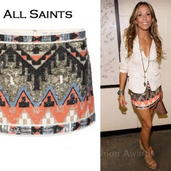 All Saints Spitalfields 2011 Aztec Sequin Embellished Mini Skirt size UK 8