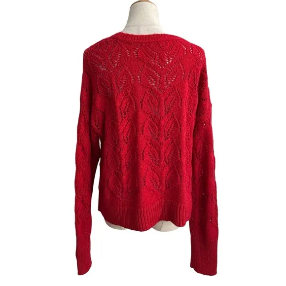 Anthropologie Red Pointelle Open Weave Knit Long Sleeve Sweater Size Medium