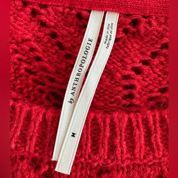 Anthropologie Red Pointelle Open Weave Knit Long Sleeve Sweater Size Medium