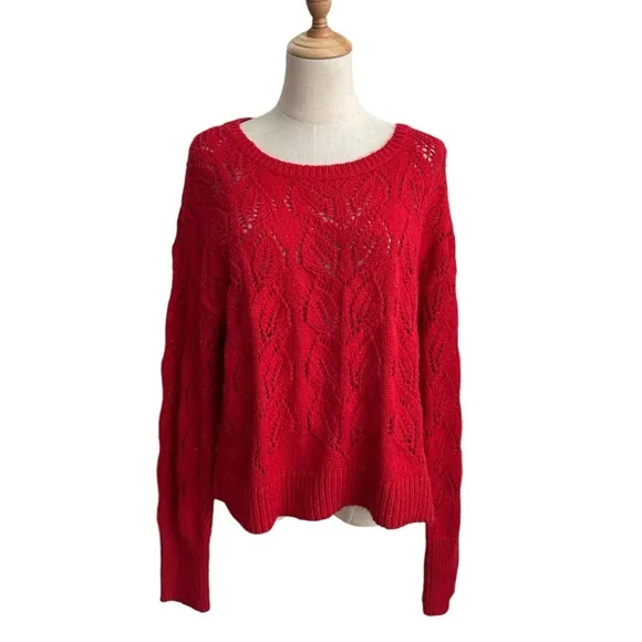 Anthropologie Red Pointelle Open Weave Knit Long Sleeve Sweater Size Medium