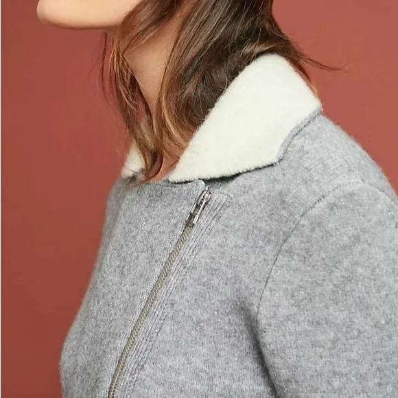 ANTHROPOLOGIE Women's Moto Asymmetric Zip Contrast Collar Grey Knit Jacket XS