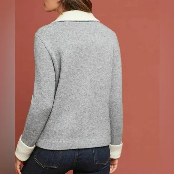 ANTHROPOLOGIE Women's Moto Asymmetric Zip Contrast Collar Grey Knit Jacket XS