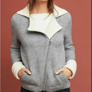 ANTHROPOLOGIE Women's Moto Asymmetric Zip Contrast Collar Grey Knit Jacket XS