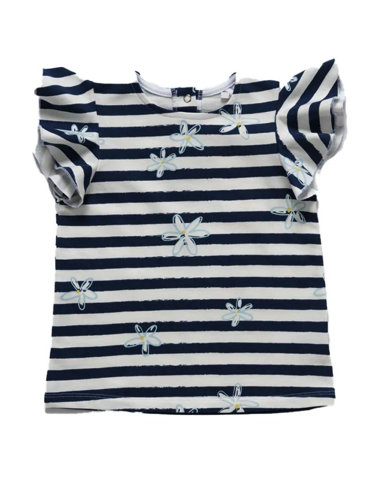 Artie - Girls Navy & White Short Sleeve Striped Top - Flower Frills