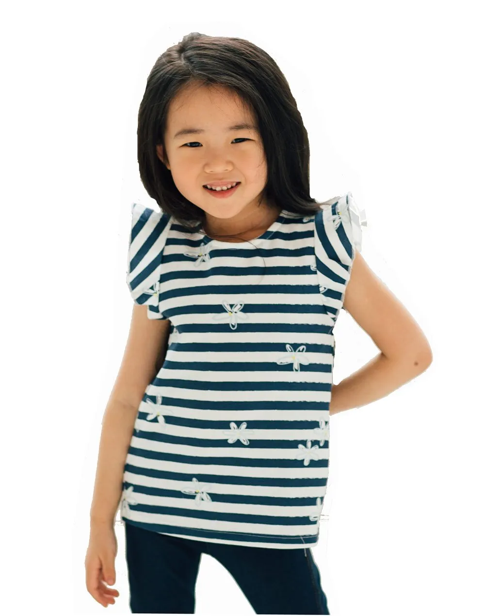 Artie - Girls Navy & White Short Sleeve Striped Top - Flower Frills