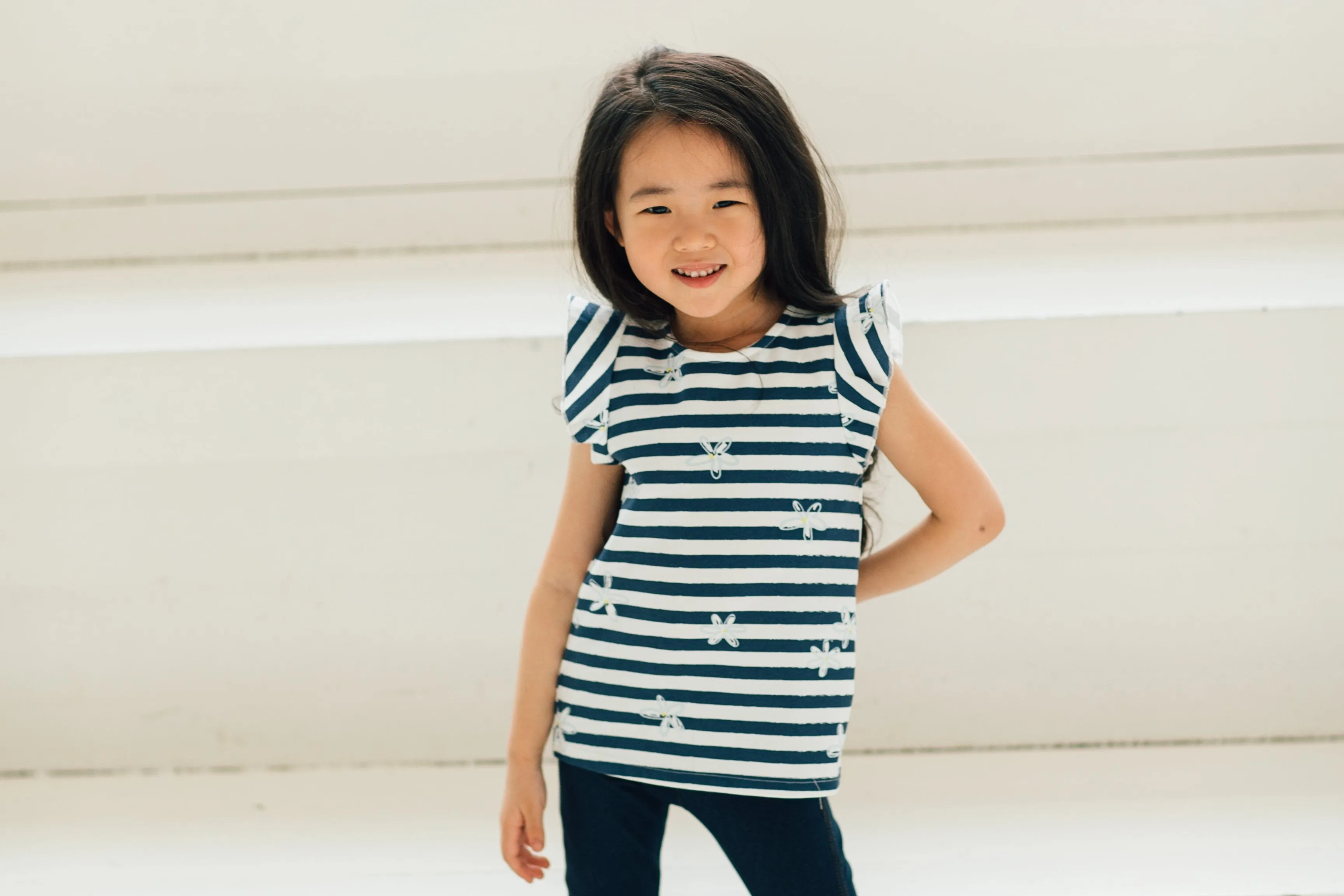 Artie - Girls Navy & White Short Sleeve Striped Top - Flower Frills