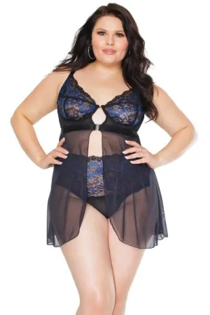 Babydoll and High-waisted Thong Set - Black/Blue -