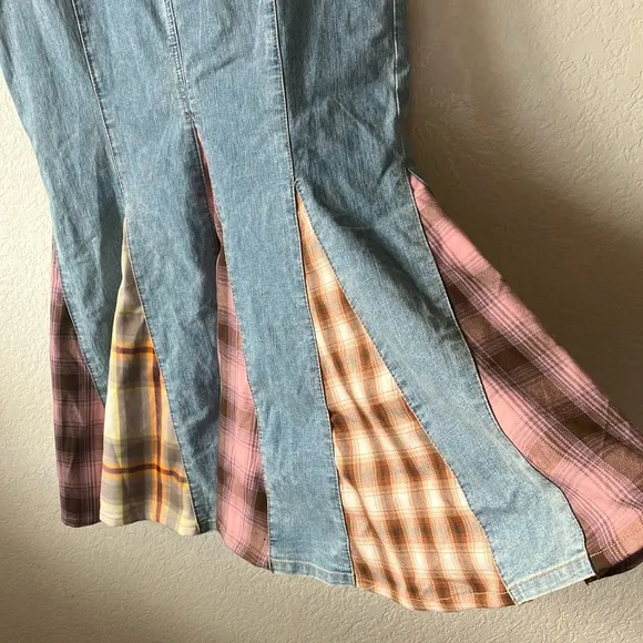 BDG Sasha Spliced Vintage Denim Light w. Plaid Inserpts Maxi Skirt womens L