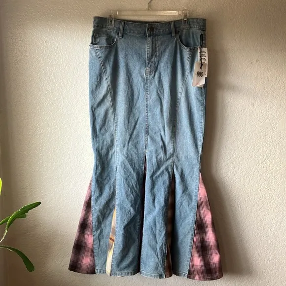 BDG Sasha Spliced Vintage Denim Light w. Plaid Inserpts Maxi Skirt womens L