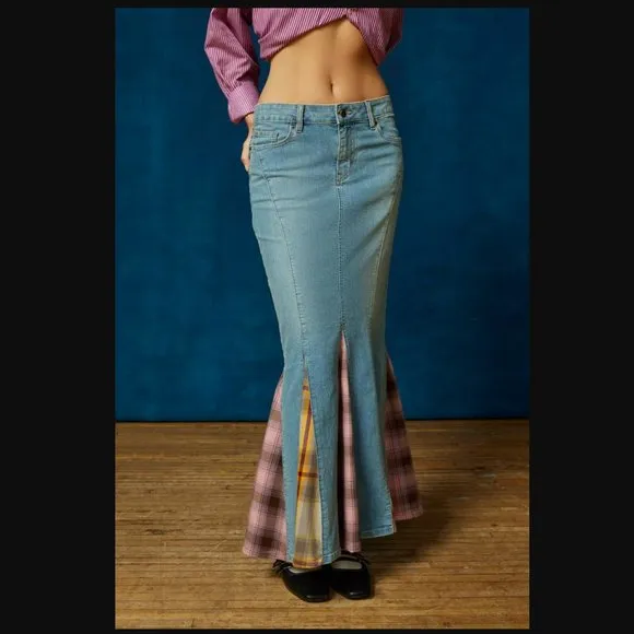 BDG Sasha Spliced Vintage Denim Light w. Plaid Inserpts Maxi Skirt womens L