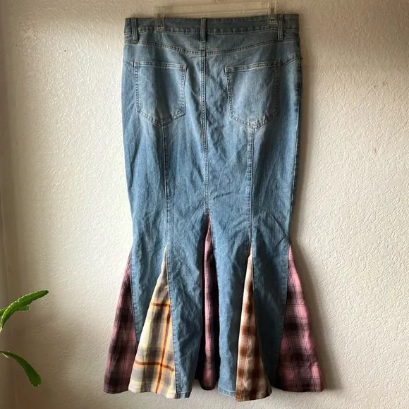 BDG Sasha Spliced Vintage Denim Light w. Plaid Inserpts Maxi Skirt womens L