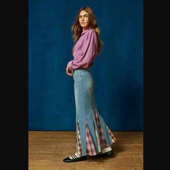 BDG Sasha Spliced Vintage Denim Light w. Plaid Inserpts Maxi Skirt womens L