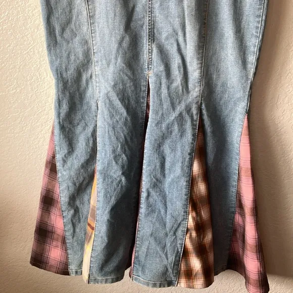 BDG Sasha Spliced Vintage Denim Light w. Plaid Inserpts Maxi Skirt womens L