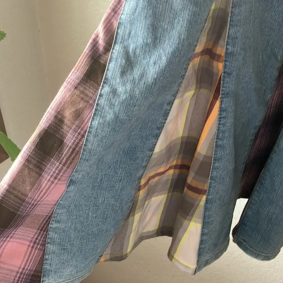 BDG Sasha Spliced Vintage Denim Light w. Plaid Inserpts Maxi Skirt womens L