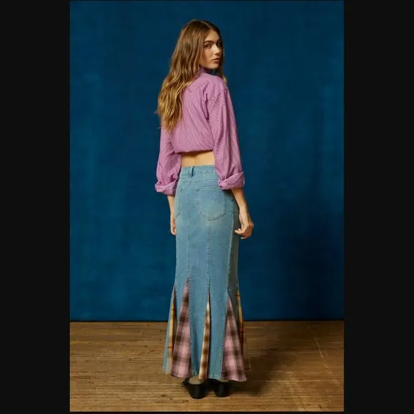 BDG Sasha Spliced Vintage Denim Light w. Plaid Inserpts Maxi Skirt womens L