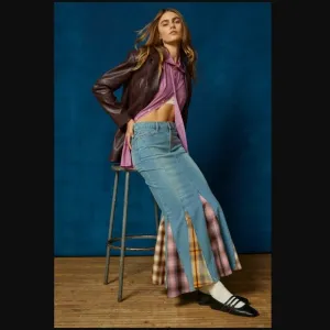 BDG Sasha Spliced Vintage Denim Light w. Plaid Inserpts Maxi Skirt womens L