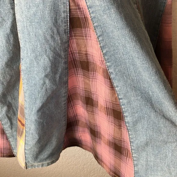 BDG Sasha Spliced Vintage Denim Light w. Plaid Inserpts Maxi Skirt womens L