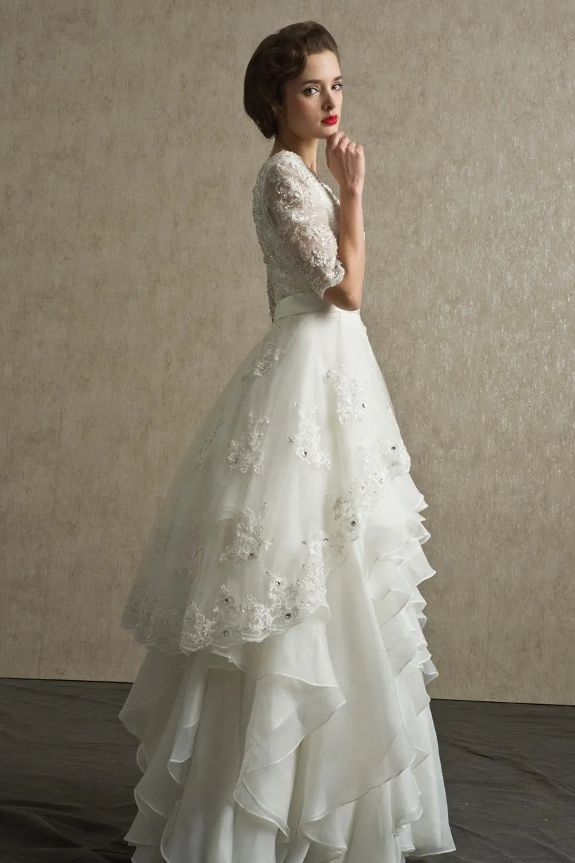Bead Lace Elbow-Sleeves Wedding Dress with Layers Organza Skirt